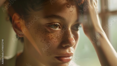 Pensive Young Woman with Freckles Gazing through Window Light