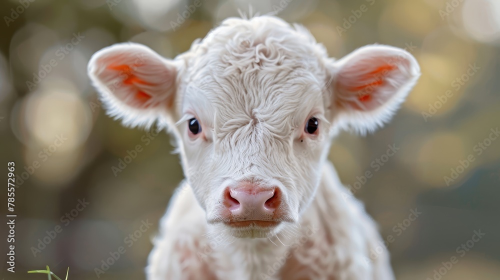   A tight shot of a small white cow gazing into the camera, surrounded by a hazy backdrop of trees