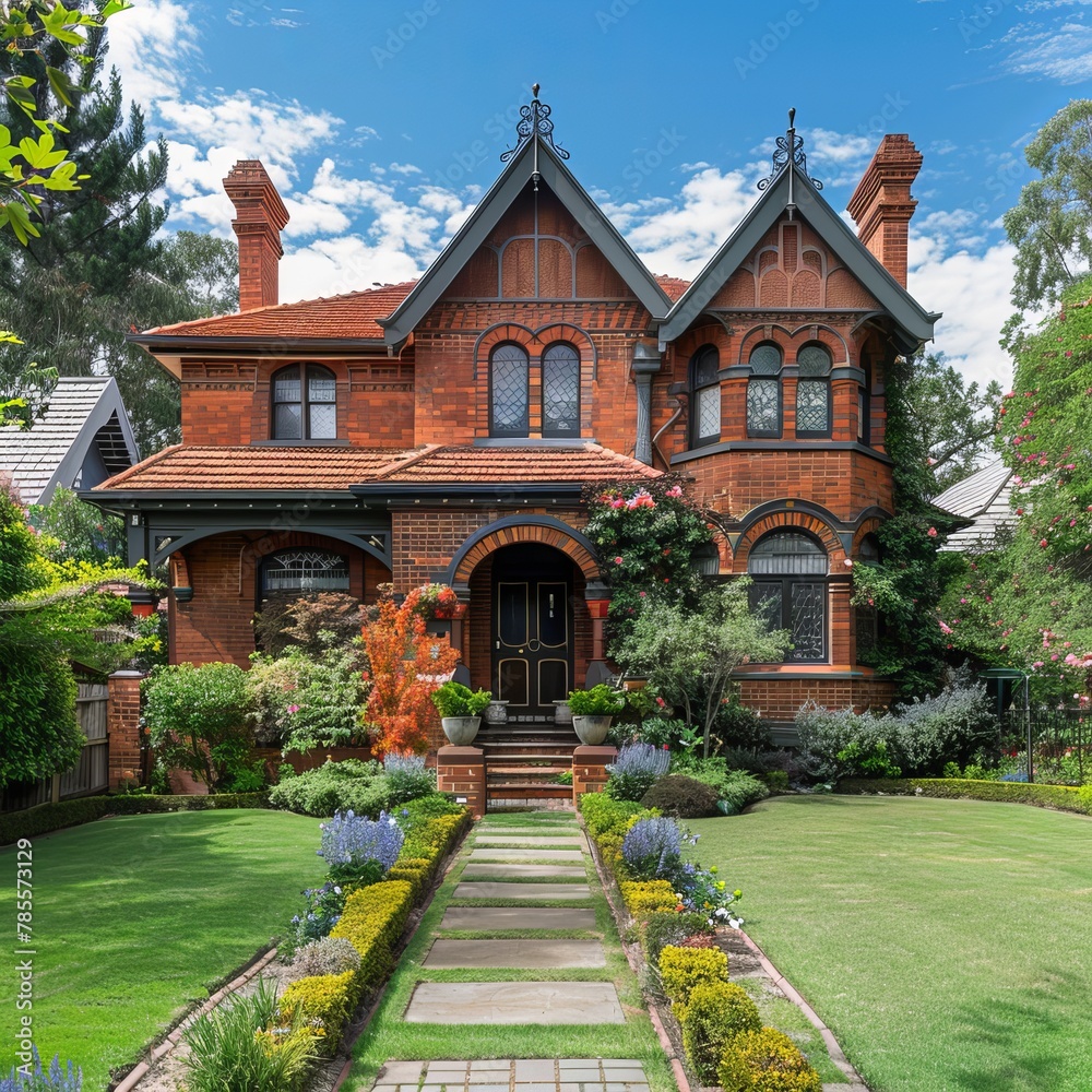 Victorian Splendor: Elegant Brick Family Home with Tiled Roof and Lush Yard