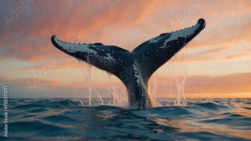 A majestic humpback whale raises its powerful tail above the ocean water, creating an impressive image of marine life in action