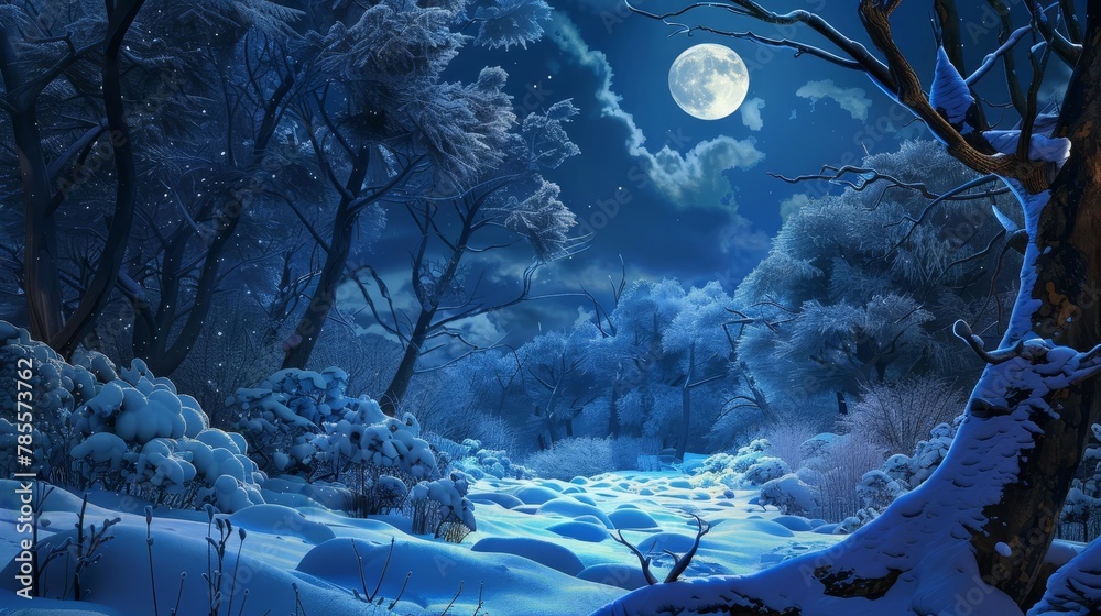 Fototapeta premium mysterious winter night in forest with full moon illuminating snow concept illustration