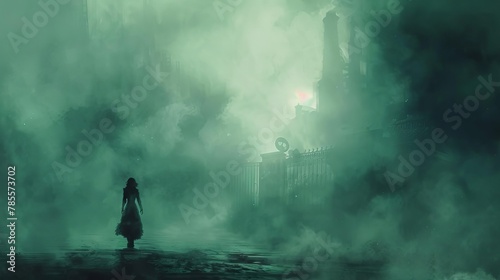 mysterious steampunk woman walking through thick fog surreal fantasy scene moody atmosphere digital art illustration