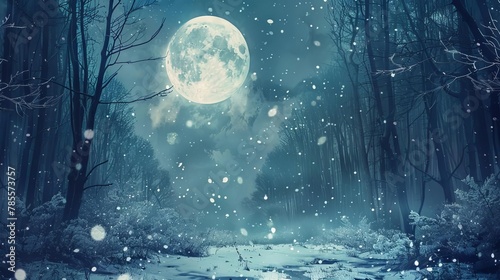 mysterious winter night in forest with full moon illuminating snow concept illustration