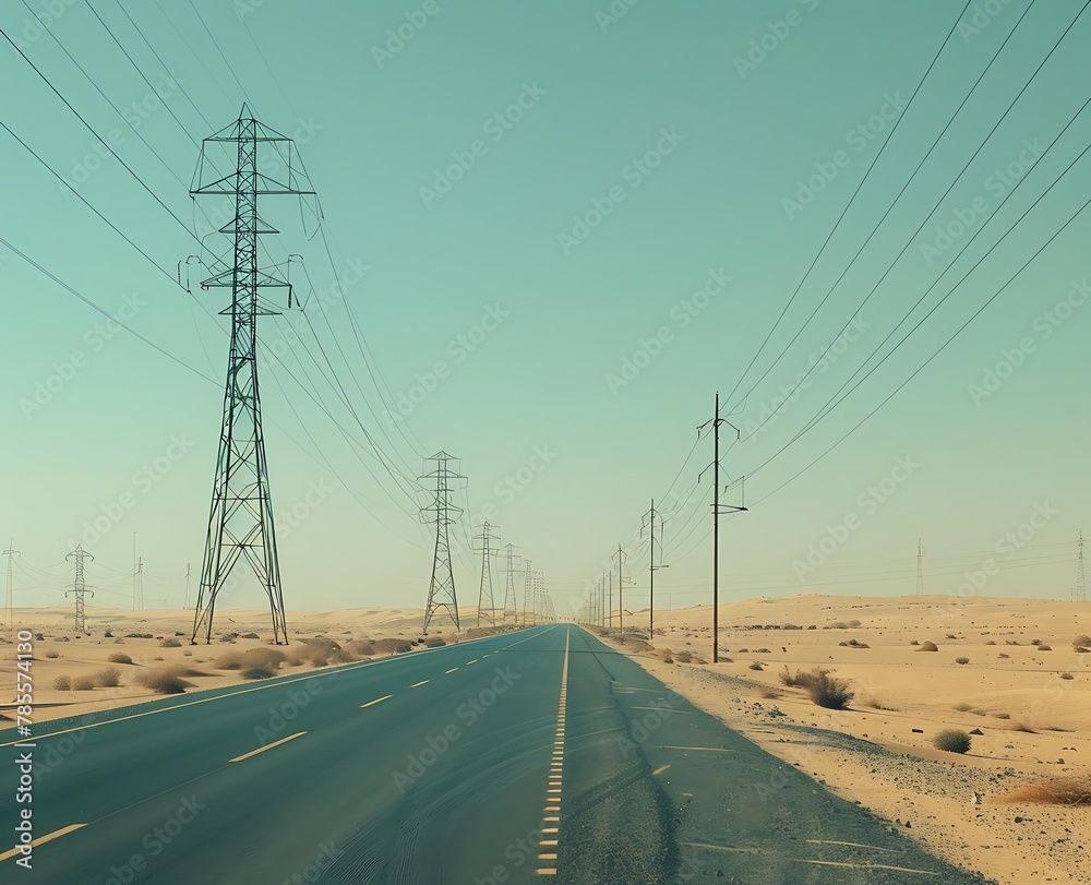 Long distance power lines and towers along the highway in Saudi Arabia