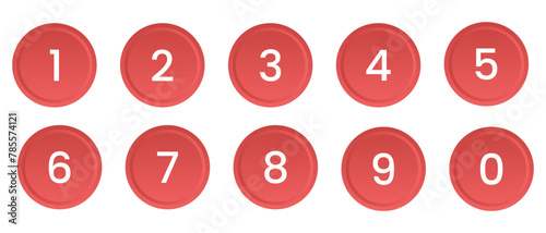 Set of phone numbers button.  Set of numbers 0 to 9 in red circle. Number circles set 0 to 9 icon for education and UI/UX design. Safe lock pin code number symbols. photo
