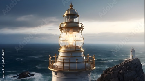 A photorealistic image of a large glass lamp atop a lighthouse, shining brightly against the backdrop of the sea. The scene captures the intricate details of the lamp's glass structure, the reflection photo
