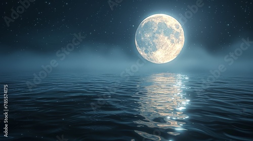   A full moon rises over a tranquil body of water, mirrored perfectly in its still surface photo