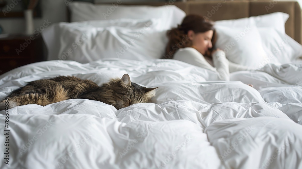 Woman and Cat Sleeping Peacefully in a Cozy White Bed Woman and Cat Sleeping Peacefully in a Cozy White Bed