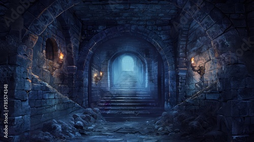 ominous medieval castle dungeon interior stone walls torches night darkness symmetrical staircase eerie atmosphere digital painting