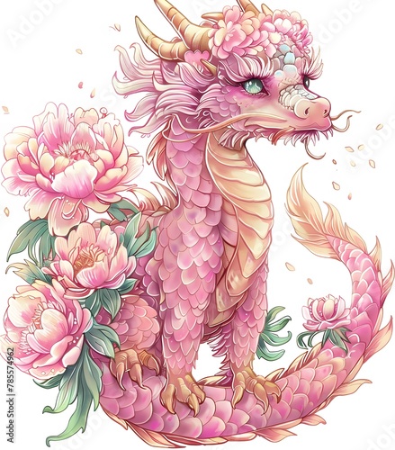 pink dragon with peonies, pastel colors, clipart white background