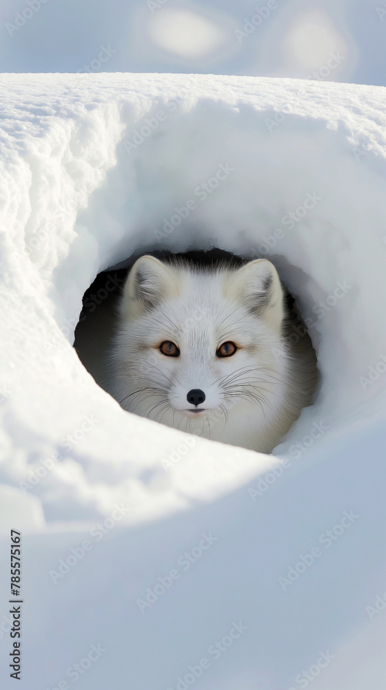 a portrait of a arctic white fox poking its head through snow hole , early morning 