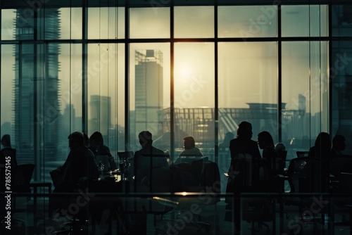 Corporate discussion in glass-walled office space, with silhouetted figures in the background.