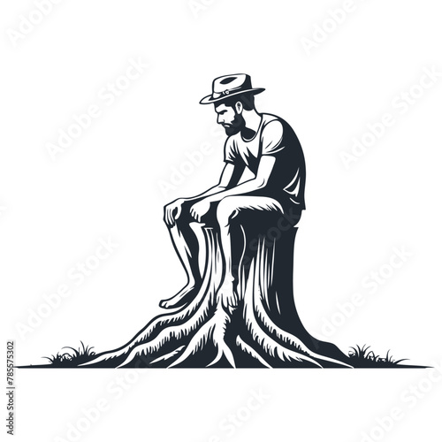 Man sitting on a tree stump, environmental protection concept, vector illustration