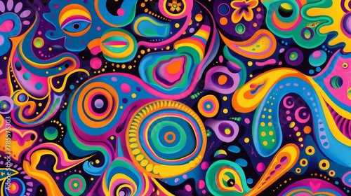 psychedelic abstract pattern with colorful spirals and geometric shapes 1960s hippie style digital art