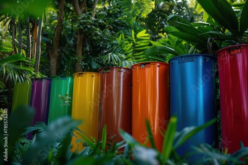 Colorful recycling bins for different materials in city park promoting environmental awareness.