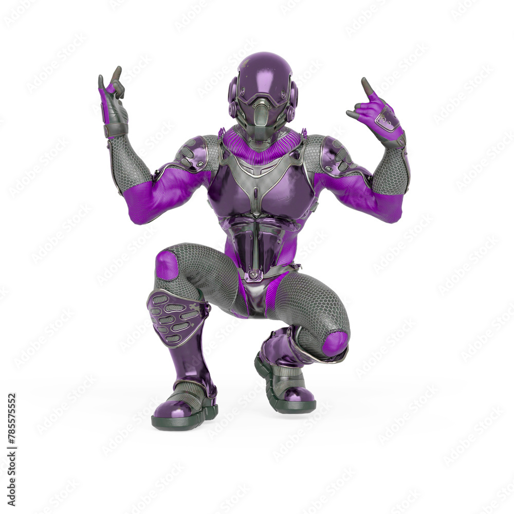 futuristic astronaut is crouched and doing a heavy metal pose in white background futuristic astronaut is crouched and doing a heavy metal pose in white background