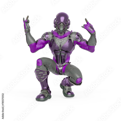 futuristic astronaut is crouched and doing a heavy metal pose in white background