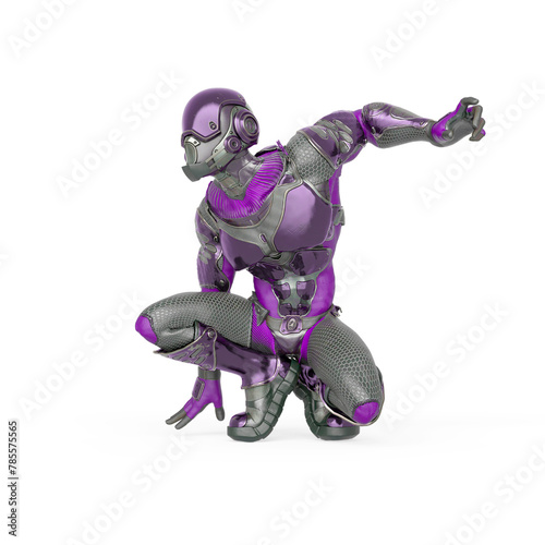 futuristic astronaut is crouched ready to jump in white background