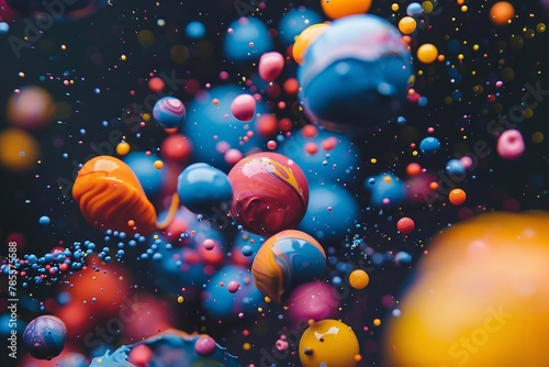Portrait of a variety of colorful paint explosion on zero gravity a vibrant backdrop with little colorful balls for text , Generative AI. © Sanas World