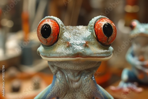 Macro image of a gecko with vivid red eyes and detailed skin textures