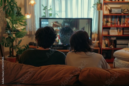 Adult couple seated on cozy sofa, enjoying TV together in their home.