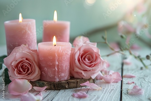Close shot of pink rose color candle with rose flowers in backdrop with a big space for text or product advertisement  Generative AI.