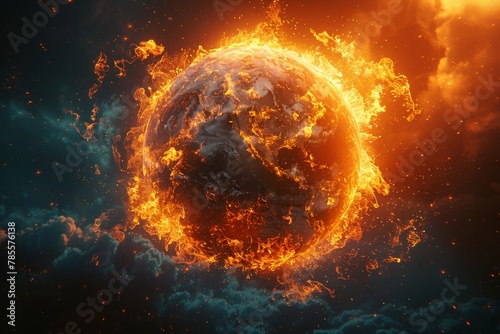 An artistic representation of Earth surrounded by a dramatic firestorm  symbolizing conflict or turmoil