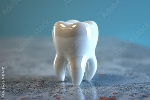 A pristine white molar tooth stands out against a textured grey surface representing dental health and hygiene