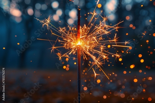 Brilliant gold and orange sparks rain down from a festive sparkler creating dynamic blazing trails in the dark atmosphere