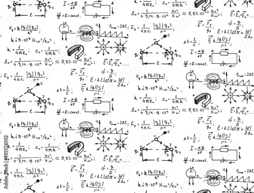 Electric magnetic law theory and physics mathematical formula equation. Physical equations on whiteboard. Education and scientific  background. Vector hand-drawn vintage seamless pattern. photo
