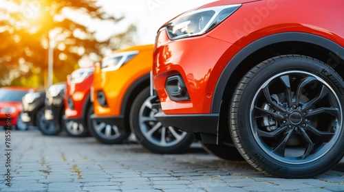 Detailed shot of a lineup of diverse pre owned vehicles available at a car dealership   focusing on affordability and selection