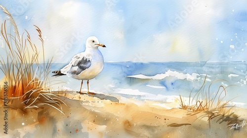 seagull perched on a sandy beach peaceful coastal scene realistic watercolor painting photo