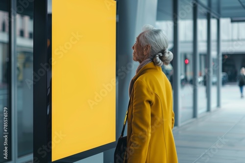 App mockup shoulder view of a mature woman in front of a interactive digital board with a fully yellow screen © Markus Schröder