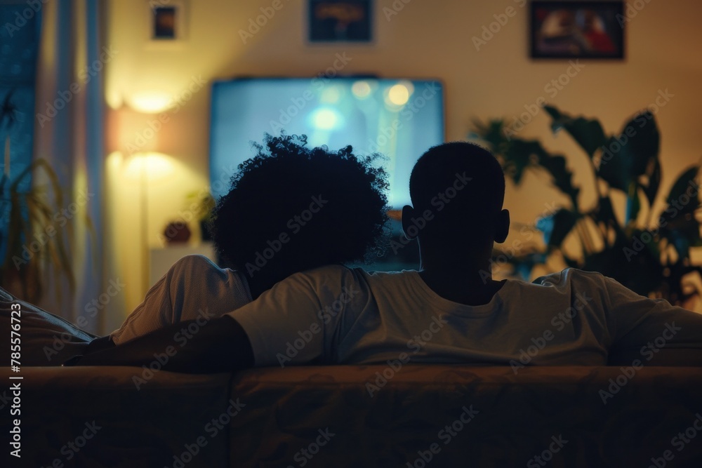 Couple sitting on a sofa, engrossed in watching TV at home, capturing a cozy domestic scene with an intimate feel.