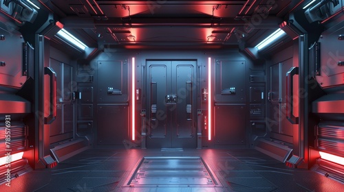 Futuristic room with metal sliding doors  dark  glowing