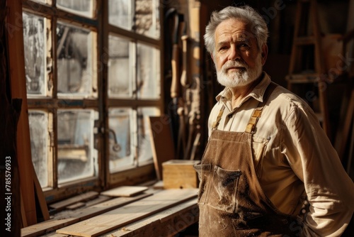 Skilled carpenter posing confidently in his workshop, surrounded by tools and sunlight.