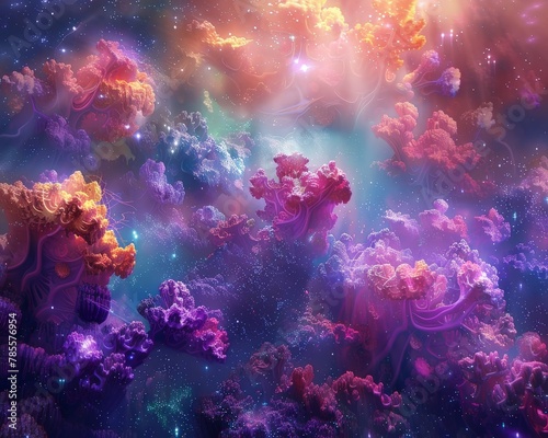 A vibrant digital artwork depicting cosmic coral reef,where ethereal corals marine life intertwine with celestial elements. scene evokes sense of wonder invites exploration fifth dimension and astral