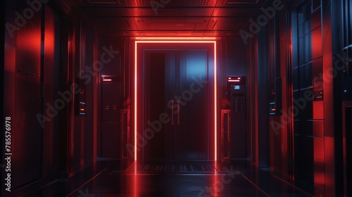 Futuristic room with metal sliding doors  dark  glowing
