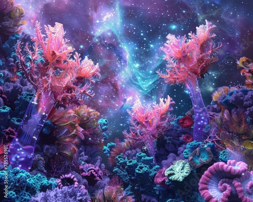 A vibrant digital artwork depicting cosmic coral reef,where ethereal corals marine life intertwine with celestial elements. scene evokes sense of wonder invites exploration fifth dimension and astral © PorchzStudio
