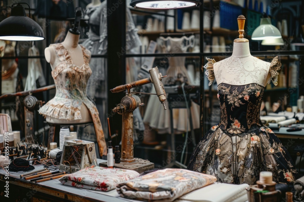 Glimpse into the enchanting world of haute couture, with a studio filled with sewing essentials, fabrics, and mannequins.