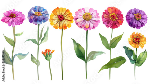 Fototapeta Naklejka Na Ścianę i Meble -  Collection of zinnia flowers watercolor cutout png isolated on white or transparent background
