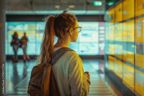 Ui mockup through a shoulder view of a teen girl in front of a interactive digital board with a fully yellow screen