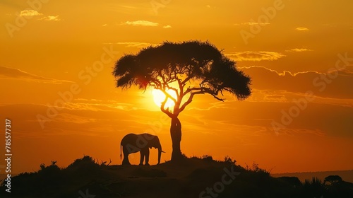serene landscape featuring majestic lonely elephant standing atop tree in savanna at sunset silhouette against warm orange sky © Bijac