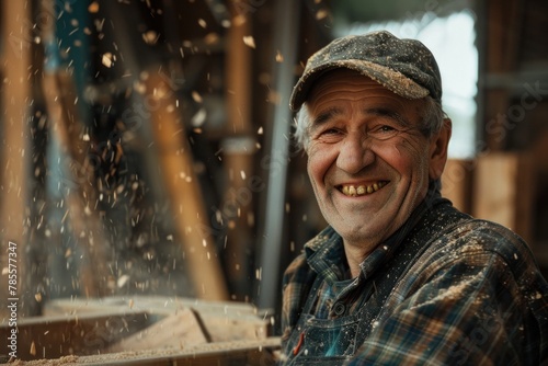 Portrait of a skilled carpenter with calloused hands, smiling against a factory backdrop. photo