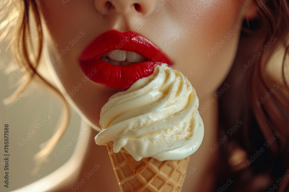 Cute girl is eating white melting ice cream in waffle cone. Sweet treat, pleasure of eating. Close-up on beautiful red lips.