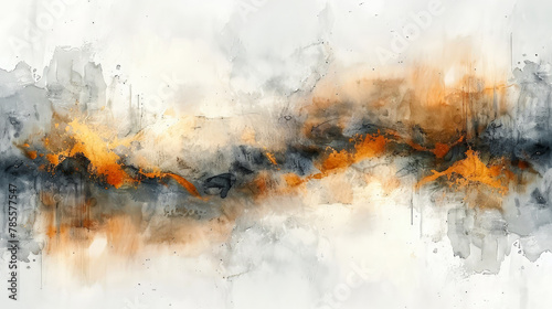 Watercolor drawing of Abstract artistic Background in grey-orange-yellow tones forming by blots and liquid splatter. Backdrop for design. Copy space. © Marina_Nov