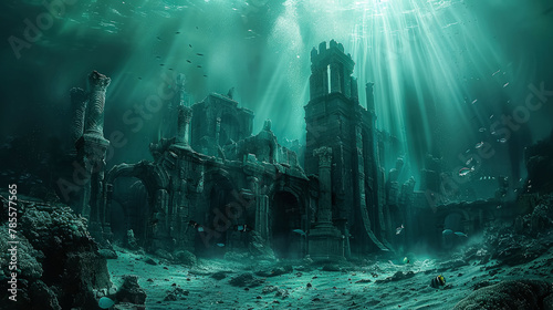Ancient ruined city with dilapidated buildings, columns and marble statues on sandy bottom of sea. Blue water, green algae, corals, rays of sun through water illuminate city. Result of old tragedy. photo
