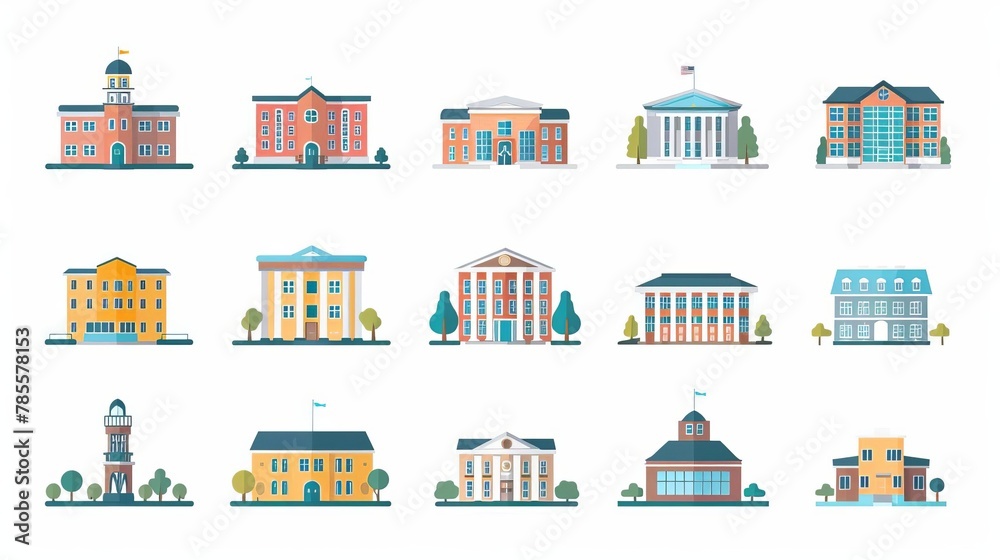 set of flat minimalistic vector illustrations of various school buildings isolated on white background