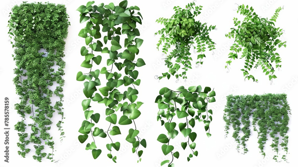 set of cutout dichondra creeper plants and vines isolated on white realistic 3d rendering of lush green foliage natural design elements