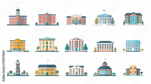 set of flat minimalistic vector illustrations of various school buildings isolated on white background photo